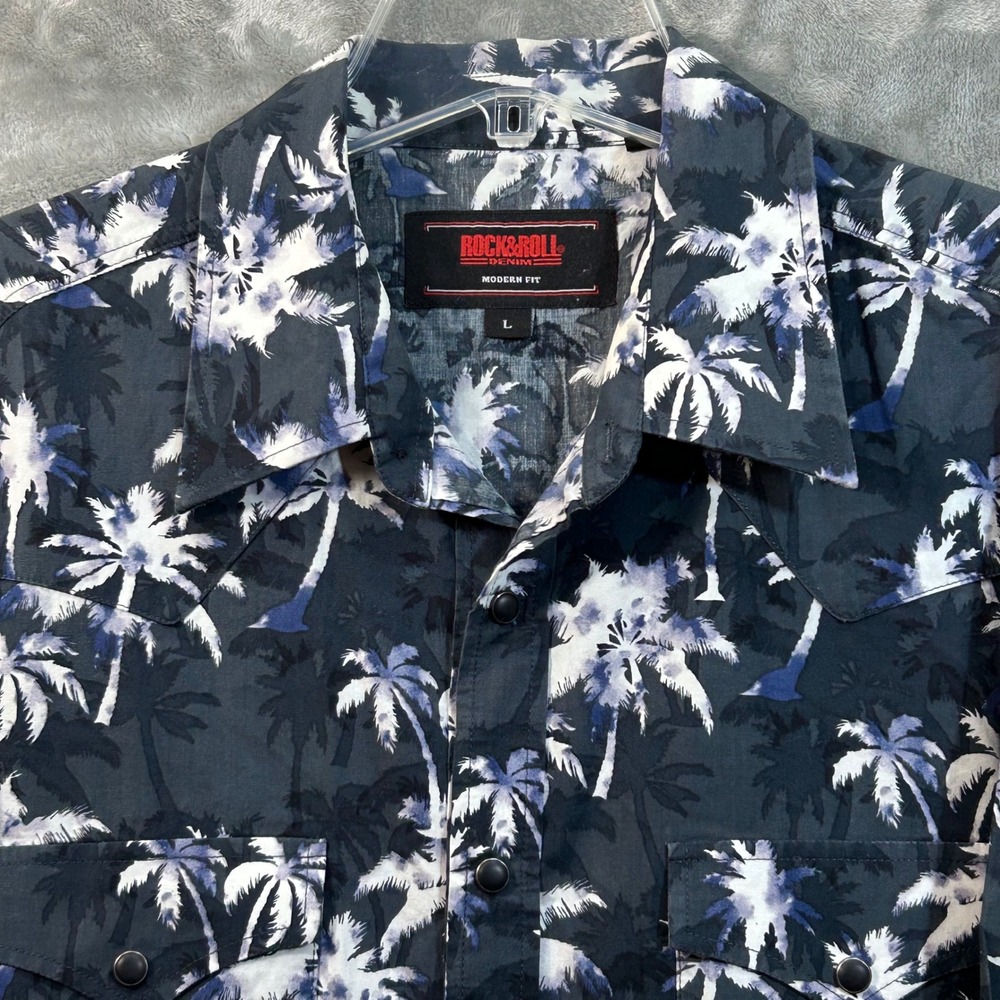 Rock & Roll Denim Mens Large Palm Tree Western Snap Shirt Modern Fit B2S9412 - Picture 2 of 11